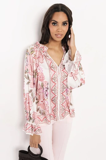 Amnesia - Iona Ecrü-Rózsaszín Virág-Mintás Blúz