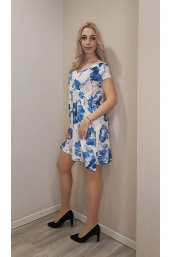 Blue Nature - Dafnie Ecrü-Királykék Mintás Ruha