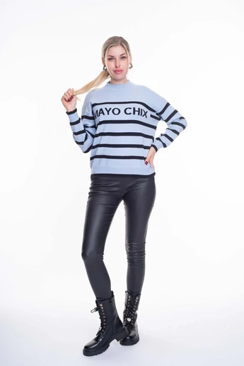 Mayo Chix - Macy Világoskék Csíkos Kötött Pulóver