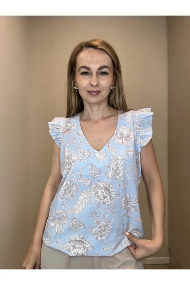 Blue Nature - Fiona Világoskék Virág-Mintás Felső