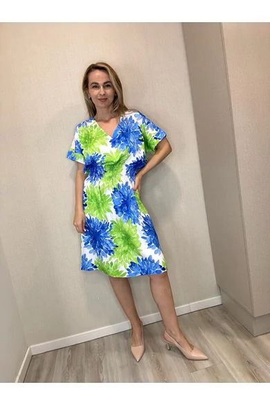 Blue Nature - Azin Királykék-Zöld Virág Mintás Ruha