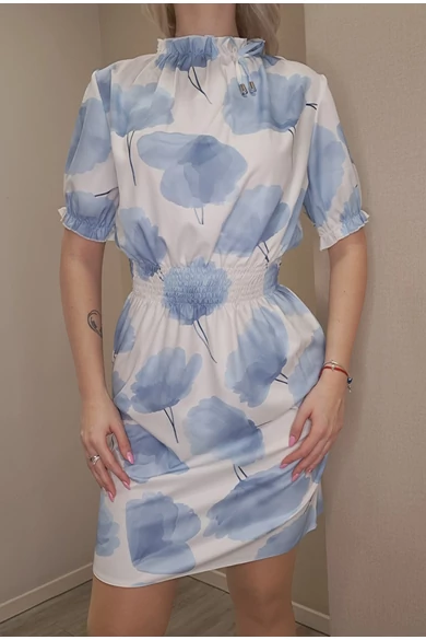 Blue Nature - Teresa Ecrü-Kék Virág-Mintás Ruha