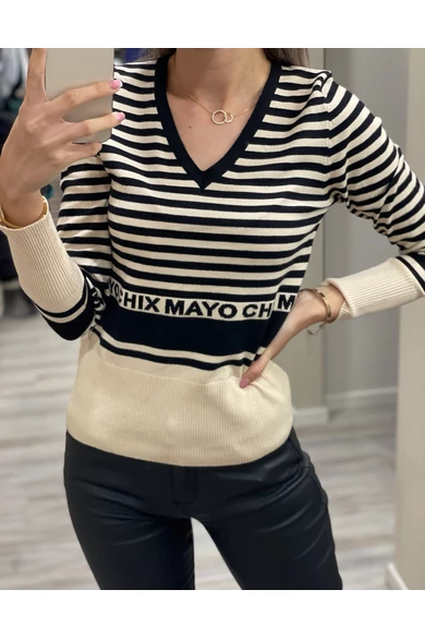 Mayo Chix - Kitty Csíkos-Bézs Pulóver