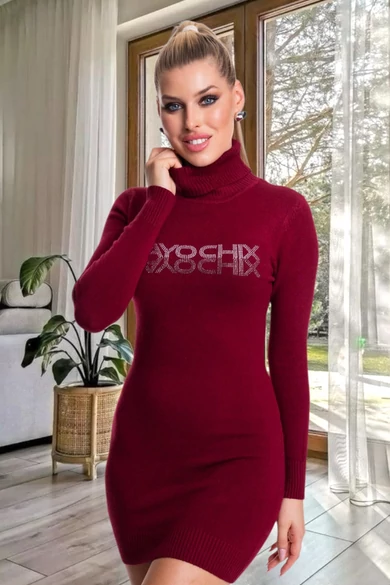 Mayo Chix - Miracle Bordó Kötött Ruha/2 Strassz