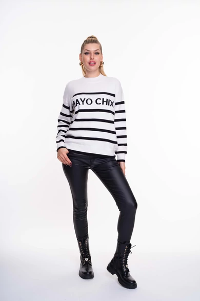 Mayo Chix - Macy Ecrü Csíkos Kötött Pulóver