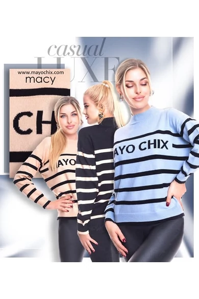 Mayo Chix - Macy Világoskék Csíkos Kötött Pulóver