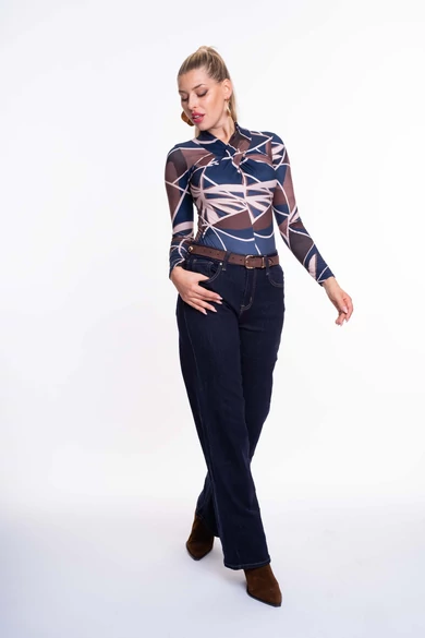 Mayo Chix - Betty Mintás Sötétbarna-Kék Felső